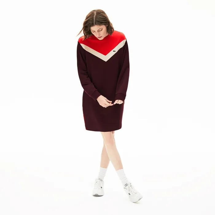 Dresses and Skirts Lacoste Womens Colorblock Fleece Sweatshirt Dress BordeauxBeigeRed Store Dresses and Skirts Lacoste Womens Colorblock Fleece Sweatshirt Dress BordeauxBeigeRed Store