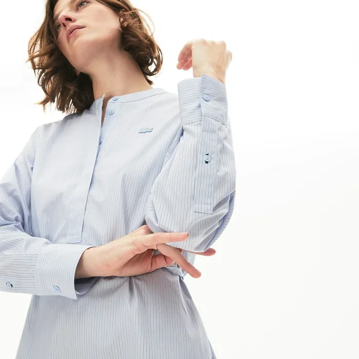 Dresses and Skirts Lacoste Womens Cotton Shirt Dress Light BlueWhiteNavy Blue Shop Online