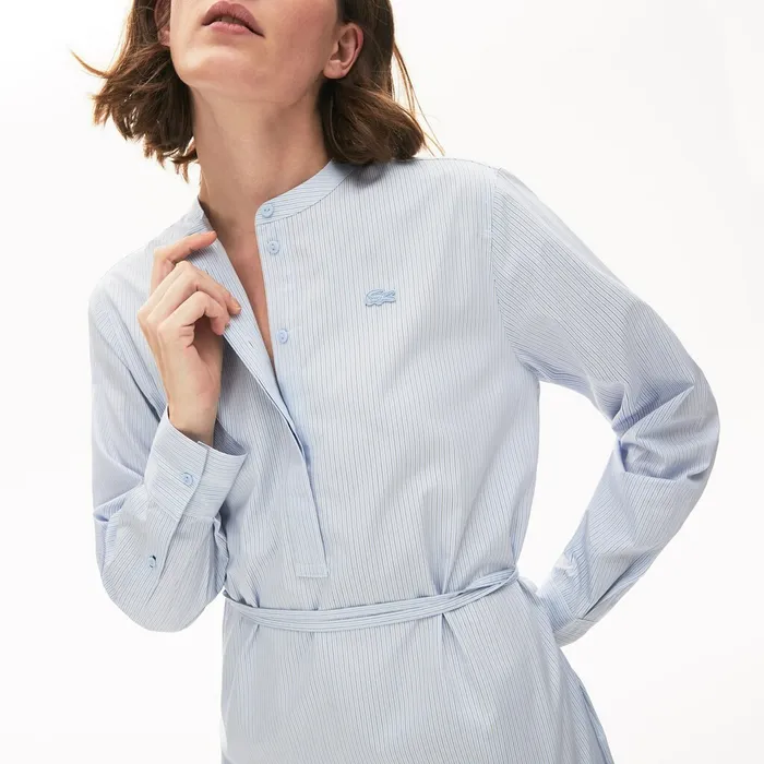 Dresses and Skirts Lacoste Womens Cotton Shirt Dress Light BlueWhiteNavy Blue Shop Online