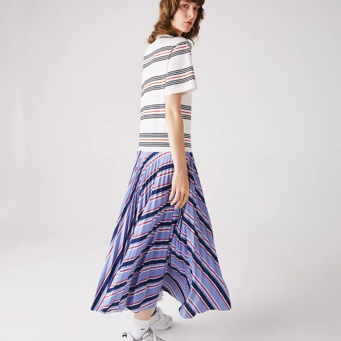 Dresses and Skirts Lacoste Womens Dissimilar Striped Pleated Jersey Tshirt Dress PurpleNavy BlueWhiteRedLight Pink Store