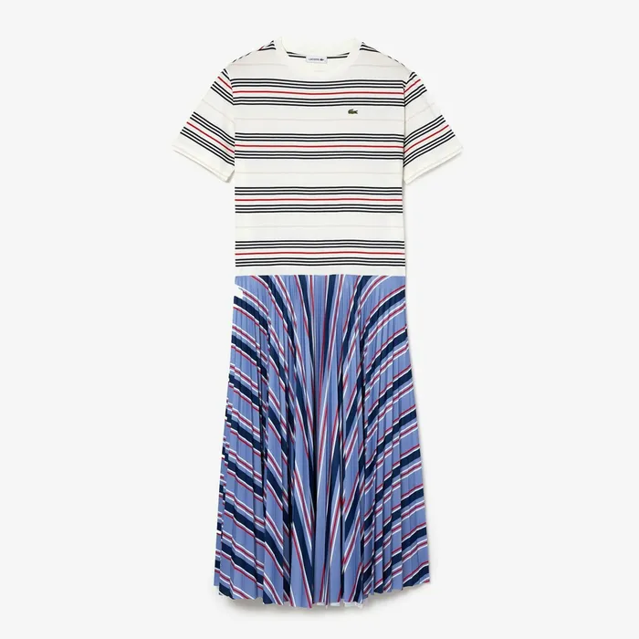 Dresses and Skirts Lacoste Womens Dissimilar Striped Pleated Jersey Tshirt Dress PurpleNavy BlueWhiteRedLight Pink Store