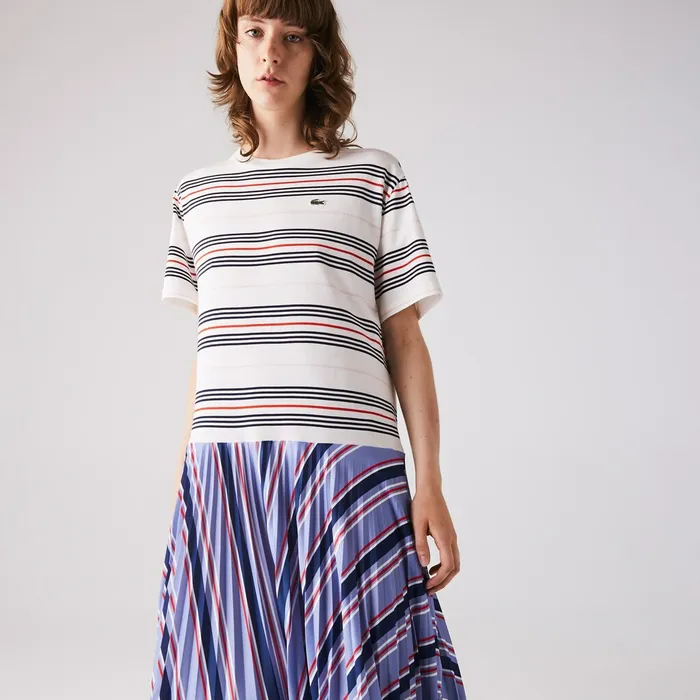 Dresses and Skirts Lacoste Womens Dissimilar Striped Pleated Jersey Tshirt Dress PurpleNavy BlueWhiteRedLight Pink Store