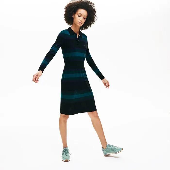 Dresses and Skirts Lacoste Womens Fitted Striped Wool Polo Dress BlackNavy BlueGreen For Sale