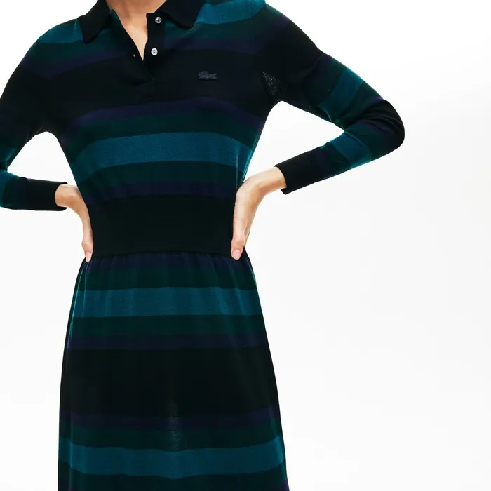 Dresses and Skirts Lacoste Womens Fitted Striped Wool Polo Dress BlackNavy BlueGreen For Sale