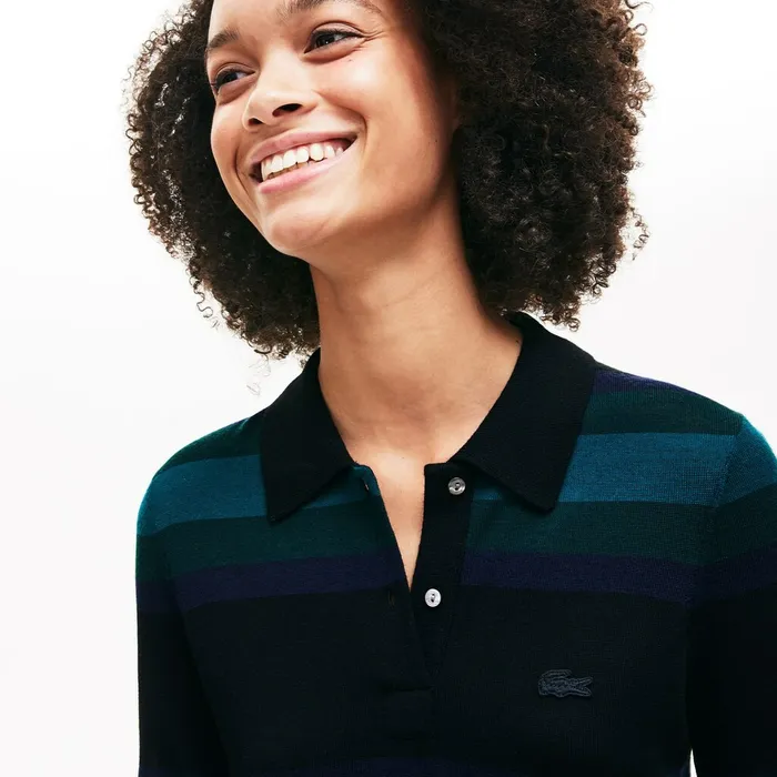 Dresses and Skirts Lacoste Womens Fitted Striped Wool Polo Dress BlackNavy BlueGreen For Sale