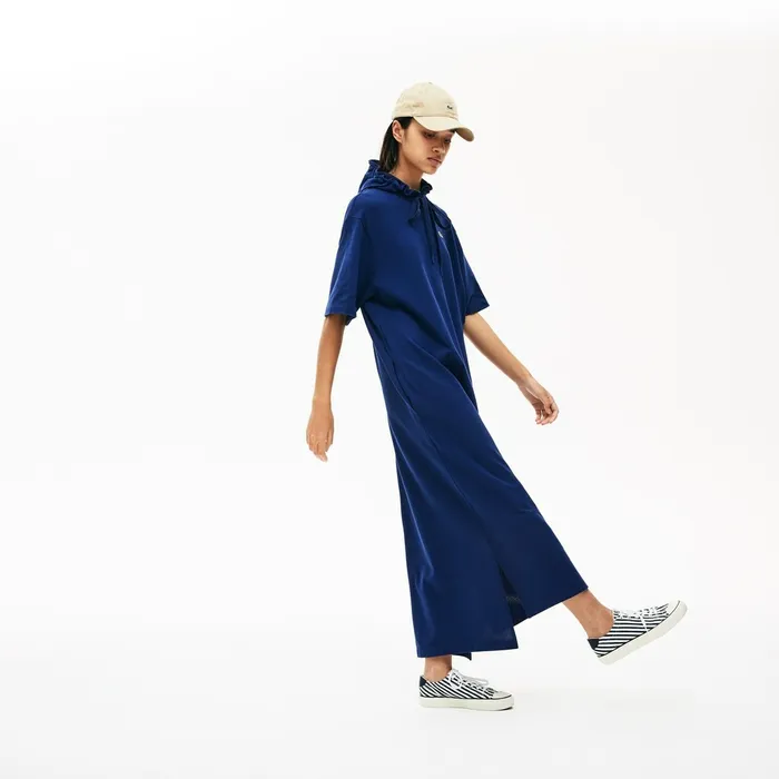 Dresses and Skirts Lacoste Womens Oversized Hooded Organic Cotton Piqu Polo Dress Navy Blue Outlet