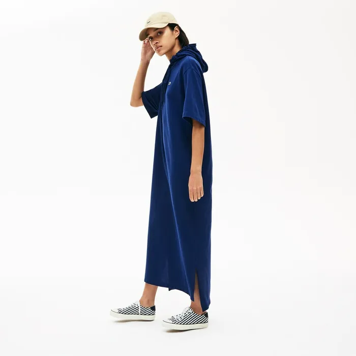 Dresses and Skirts Lacoste Womens Oversized Hooded Organic Cotton Piqu Polo Dress Navy Blue Outlet