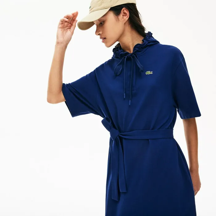Dresses and Skirts Lacoste Womens Oversized Hooded Organic Cotton Piqu Polo Dress Navy Blue Outlet