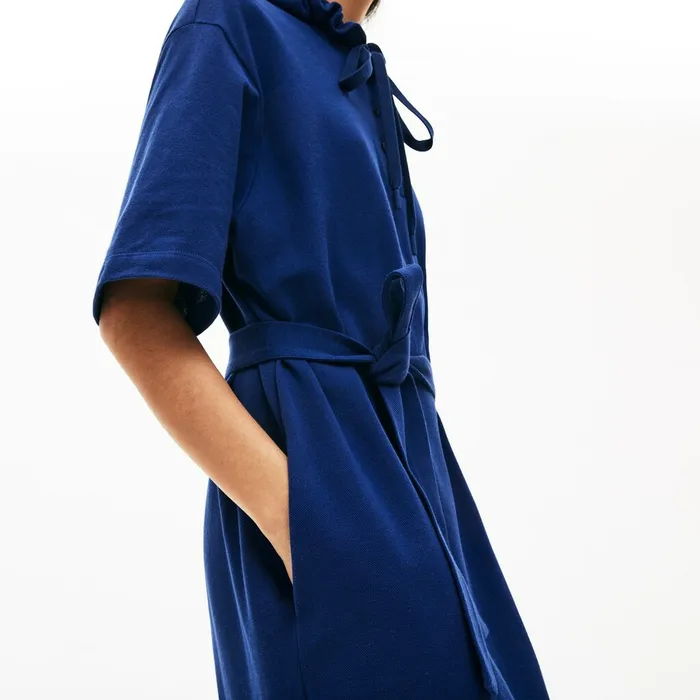 Dresses and Skirts Lacoste Womens Oversized Hooded Organic Cotton Piqu Polo Dress Navy Blue Outlet