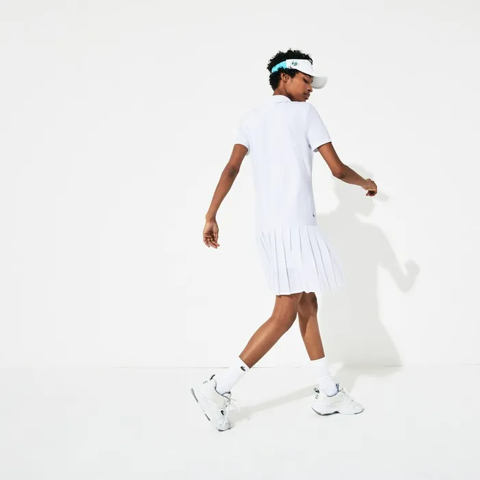 Dresses and Skirts Lacoste Womens SPORT Roland Garros Pleated Polo Dress WhiteGreenNavy Blue Gift Ideas