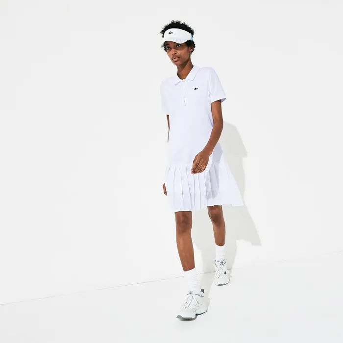 Dresses and Skirts Lacoste Womens SPORT Roland Garros Pleated Polo Dress WhiteGreenNavy Blue Gift Ideas
