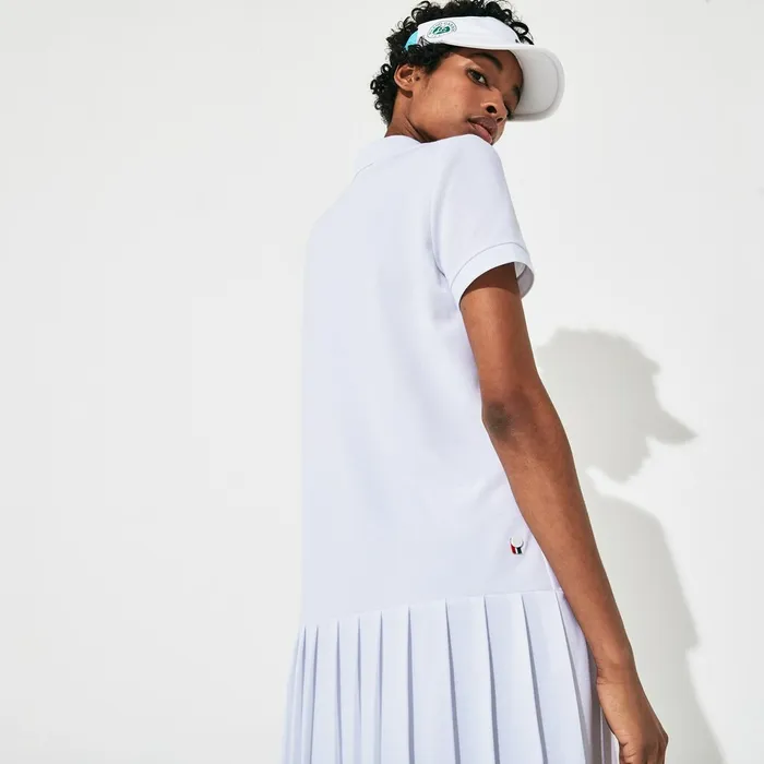 Dresses and Skirts Lacoste Womens SPORT Roland Garros Pleated Polo Dress WhiteGreenNavy Blue Gift Ideas