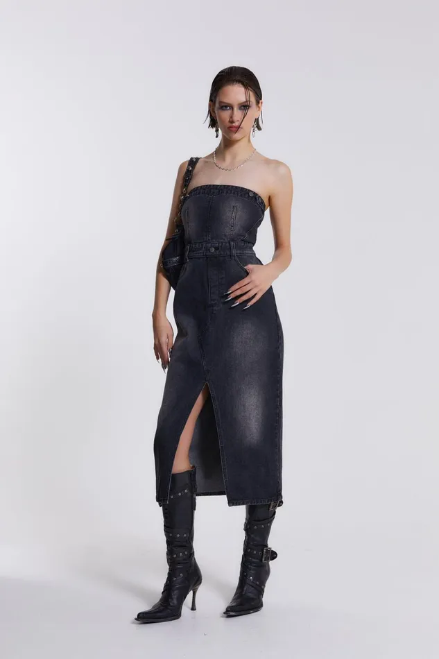 Dresses Women Jaded London Shop Liberty 2 In 1 Detachable Denim Black Midi Dress