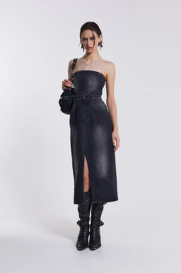 Dresses Women Jaded London Shop Liberty 2 In 1 Detachable Denim Black Midi Dress