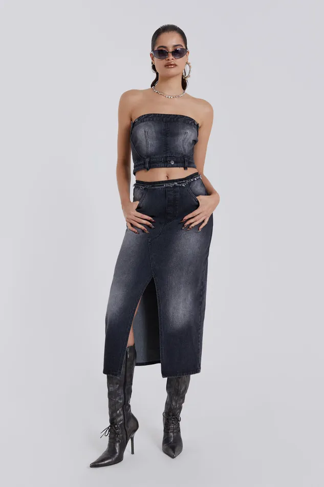 Dresses Women Jaded London Shop Liberty 2 In 1 Detachable Denim Black Midi Dress