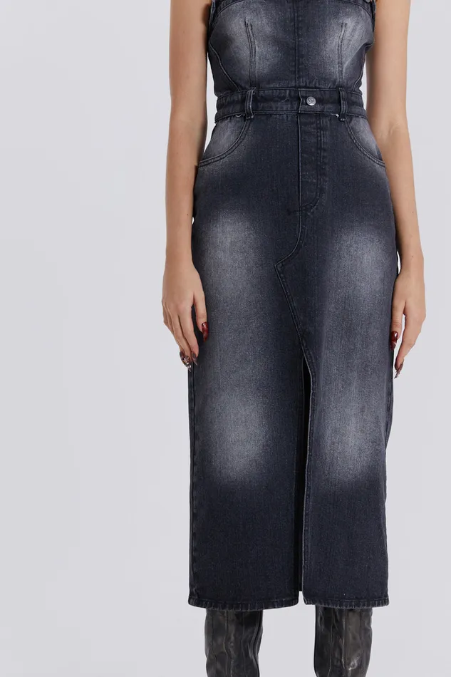 Dresses Women Jaded London Shop Liberty 2 In 1 Detachable Denim Black Midi Dress