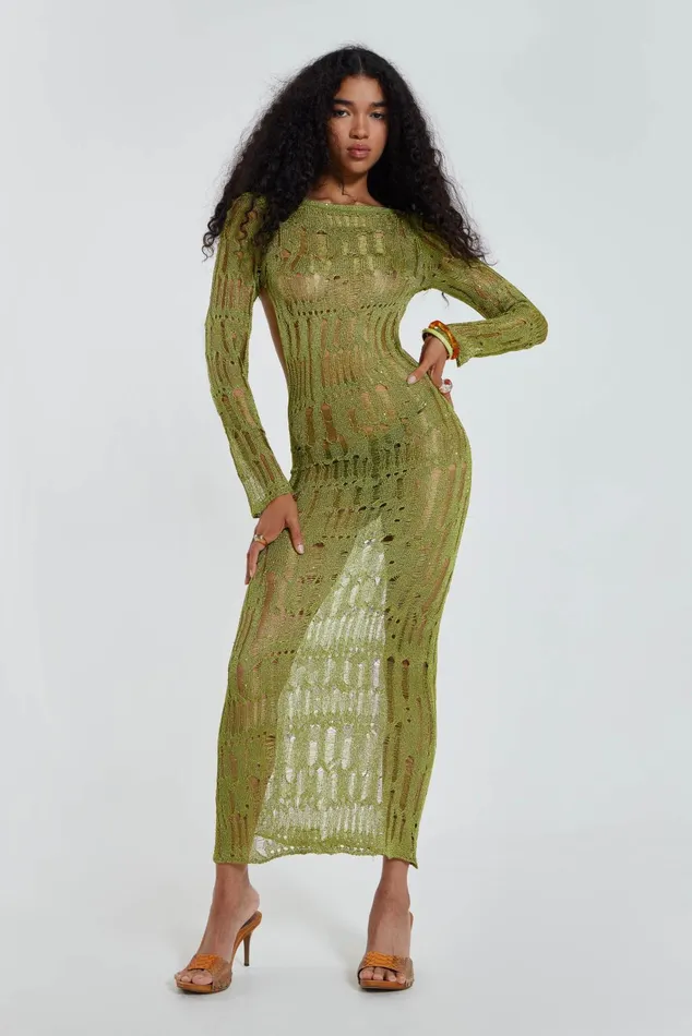 Dresses Women Jaded London Shop Moss Green Metallic Umbra Maxi Dress