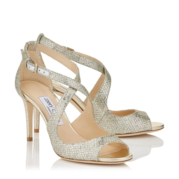 Emily 85 Champagne Glitter Fabric Sandals Champagne Women JIMMY CHOO Bridal Shoes