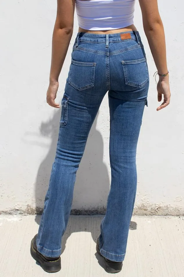 Flared Pockets Jeans Women Subdued Denim