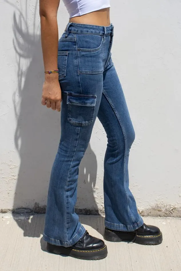 Flared Pockets Jeans Women Subdued Denim