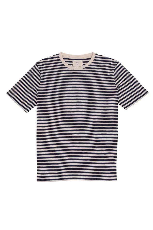Folk Clothing Classic Stripe TShirt 8211 Ecru Navy Mens TShirts