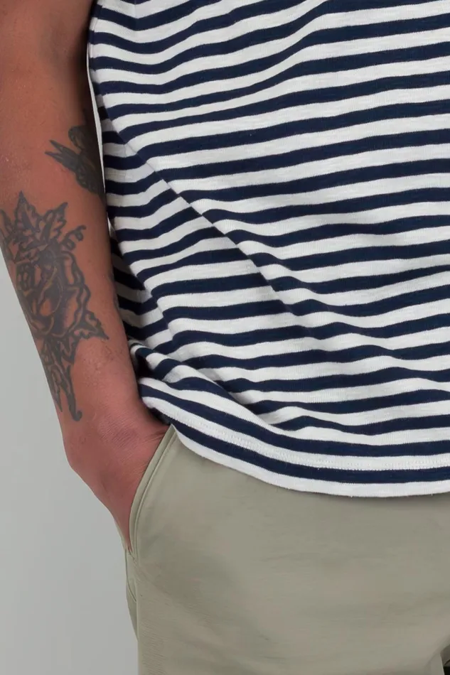 Folk Clothing Classic Stripe TShirt 8211 Ecru Navy Mens TShirts