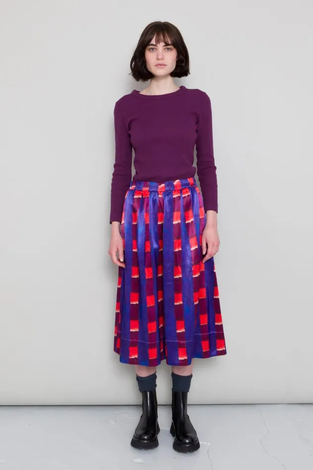 Folk Clothing Full Seam Skirt 8211 Painted Gingham Satin Womens Skirts and Dresses