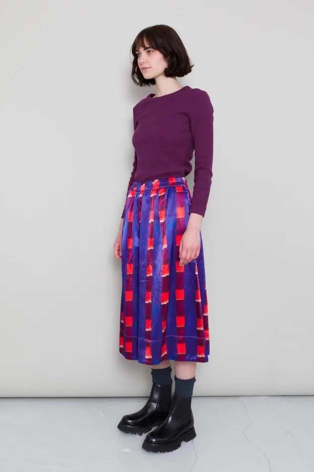 Folk Clothing Full Seam Skirt 8211 Painted Gingham Satin Womens Skirts and Dresses