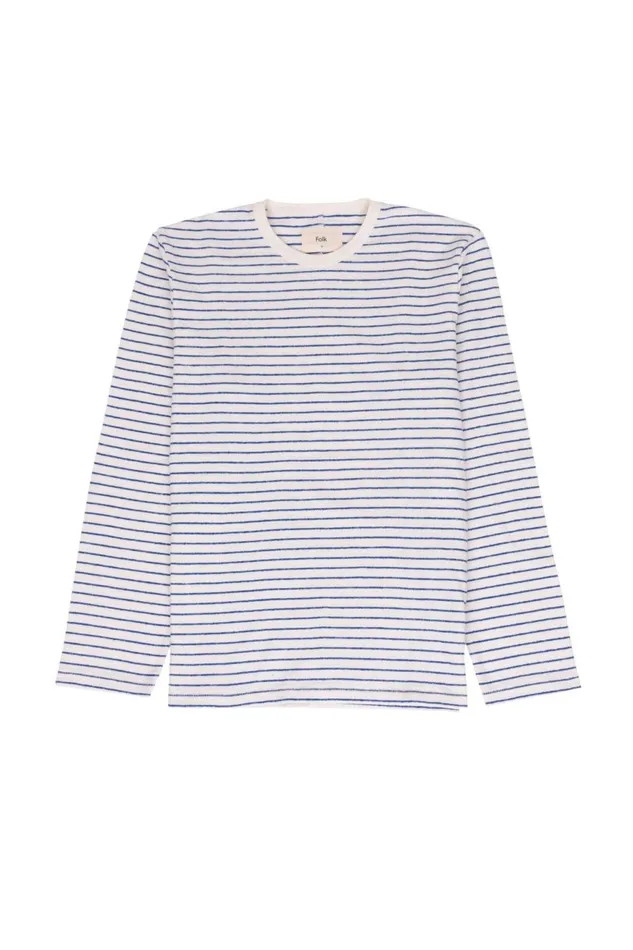 Folk Clothing LS Textured Stripe TShirt 8211 Ecru Bright Blue Mens TShirts
