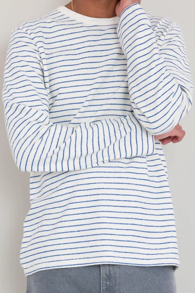Folk Clothing LS Textured Stripe TShirt 8211 Ecru Bright Blue Mens TShirts