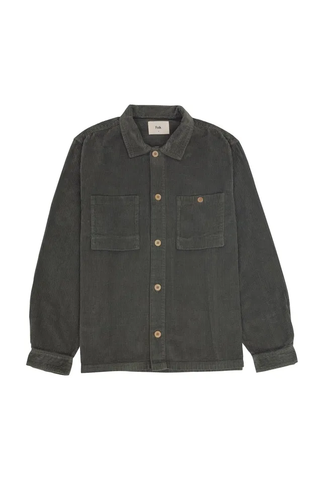 Folk Clothing Patch Overshirt 8211 Dark Sage Heavy Cord Mens Shirts