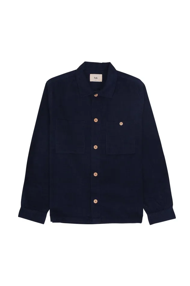 Folk Clothing Patch Overshirt 8211 Indigo Blue Microcheck Cord Mens Shirts