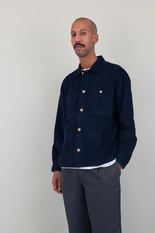 Folk Clothing Patch Overshirt 8211 Indigo Blue Microcheck Cord Mens Shirts