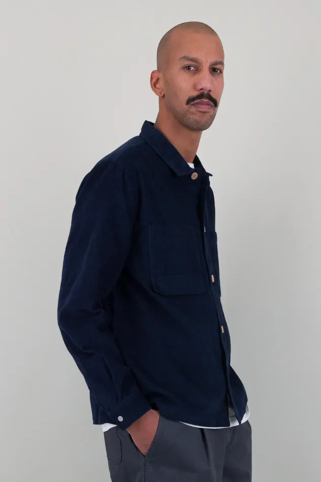 Folk Clothing Patch Overshirt 8211 Indigo Blue Microcheck Cord Mens Shirts