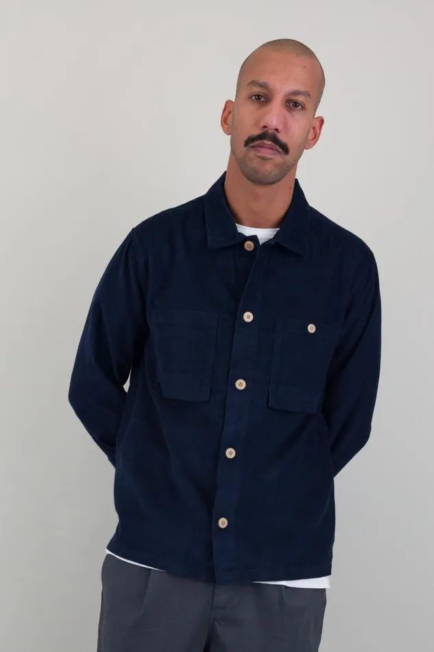 Folk Clothing Patch Overshirt 8211 Indigo Blue Microcheck Cord Mens Shirts