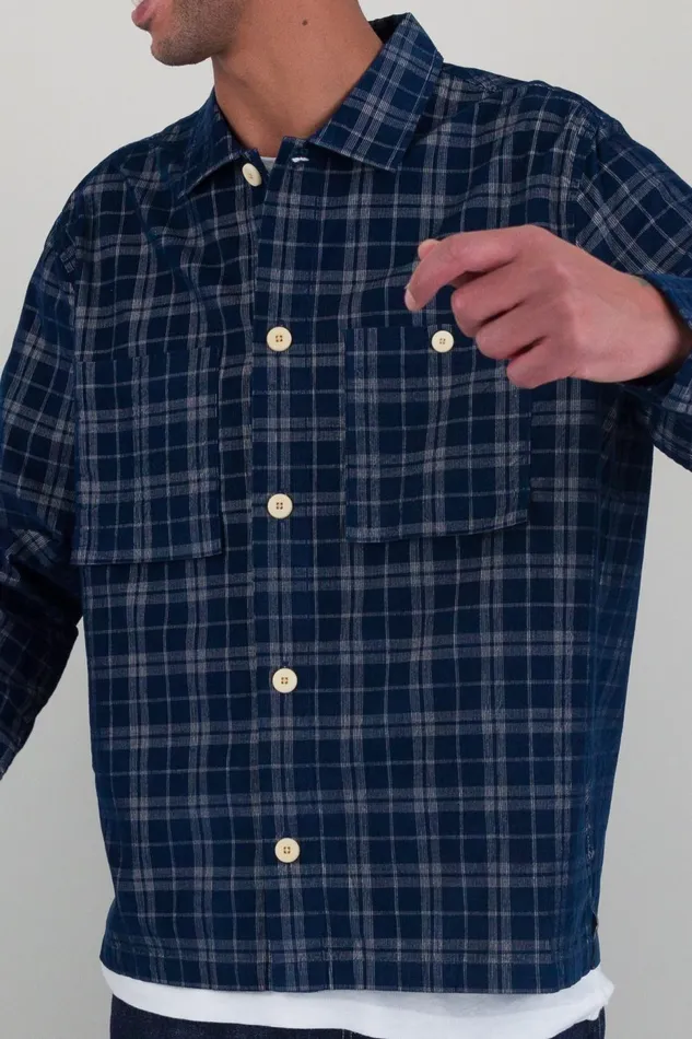Folk Clothing Patch Overshirt 8211 Navy Check Cord Mens Shirts