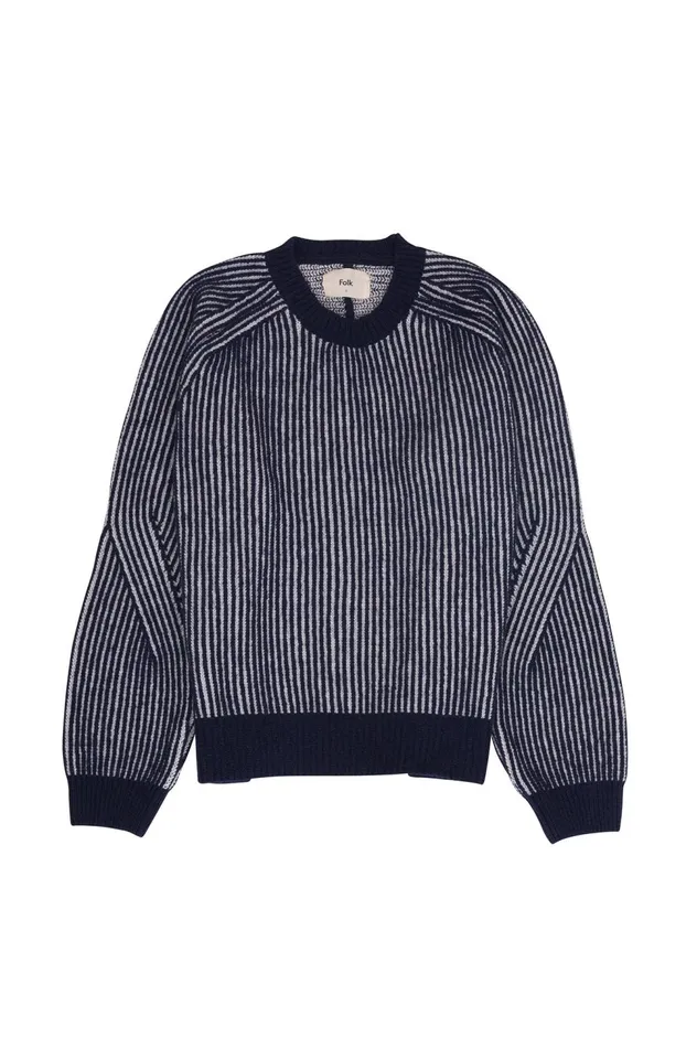 Folk Clothing Plated Rib Crew 8211 Navy Ecru Mens Knitwear