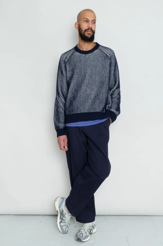 Folk Clothing Plated Rib Crew 8211 Navy Ecru Mens Knitwear