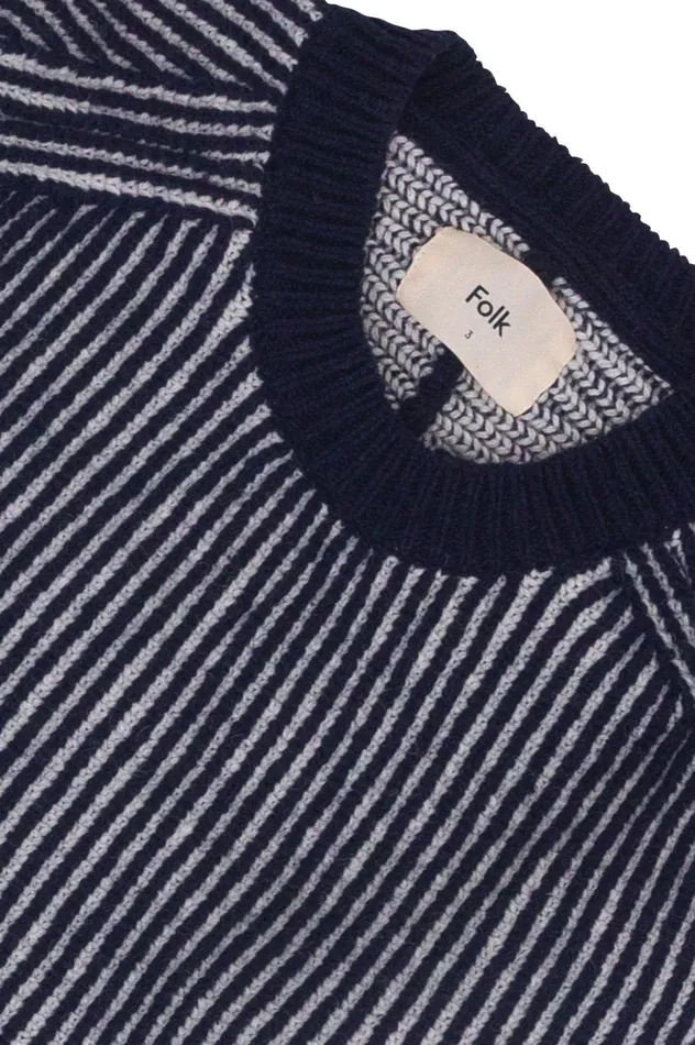 Folk Clothing Plated Rib Crew 8211 Navy Ecru Mens Knitwear