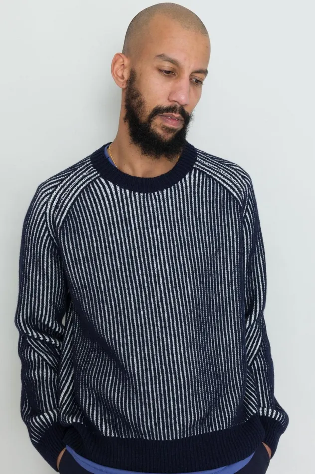 Folk Clothing Plated Rib Crew 8211 Navy Ecru Mens Knitwear