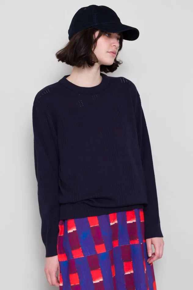 Folk Clothing Pointelle Crew 8211 Dark Navy Womens Knitwear