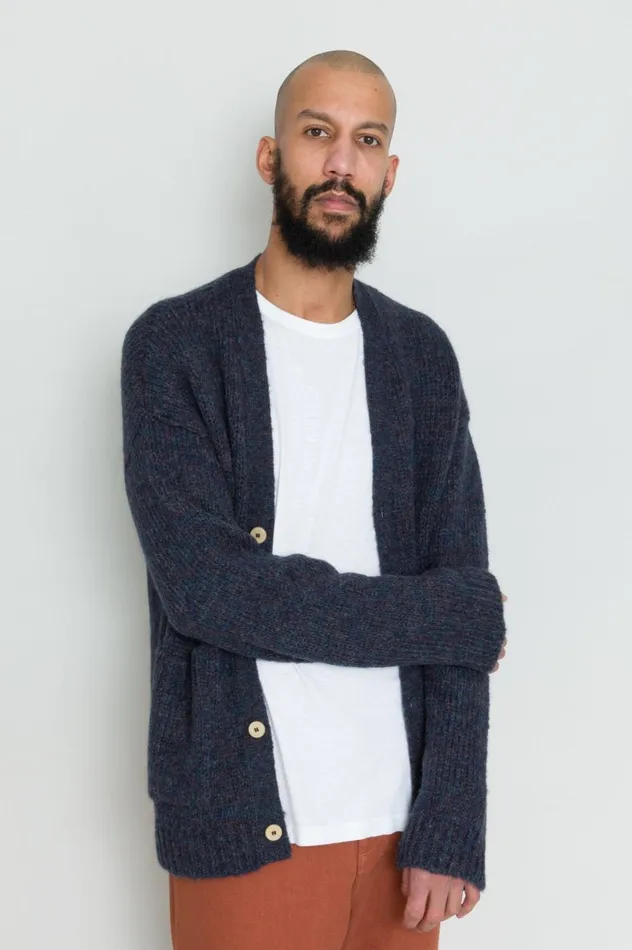 Folk Clothing Signal Cardigan 8211 Smoke Blue Mens Knitwear