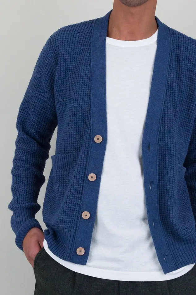 Folk Clothing Waffle Cardigan 8211 Soft Blue Melange Mens Knitwear