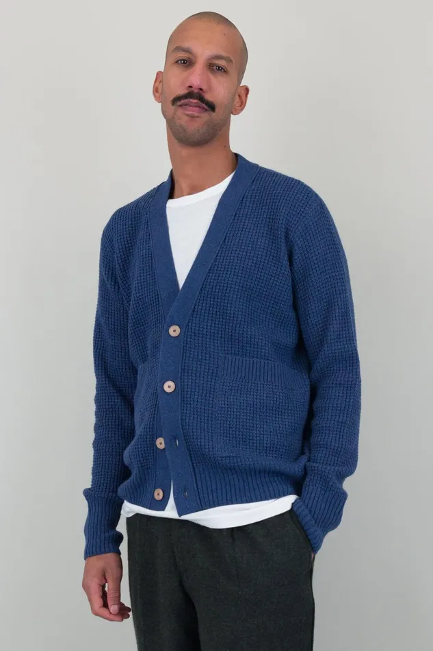 Folk Clothing Waffle Cardigan 8211 Soft Blue Melange Mens Knitwear