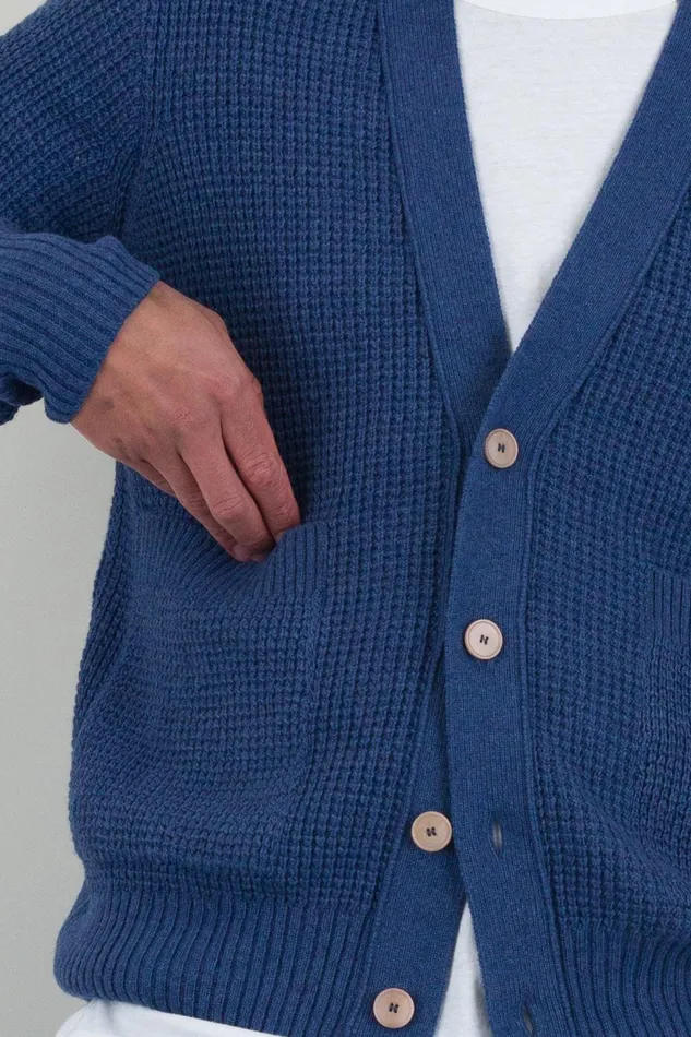Folk Clothing Waffle Cardigan 8211 Soft Blue Melange Mens Knitwear