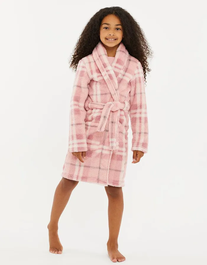 Girls Pink Check Dressing Gown Pink Threadbare Loungewear