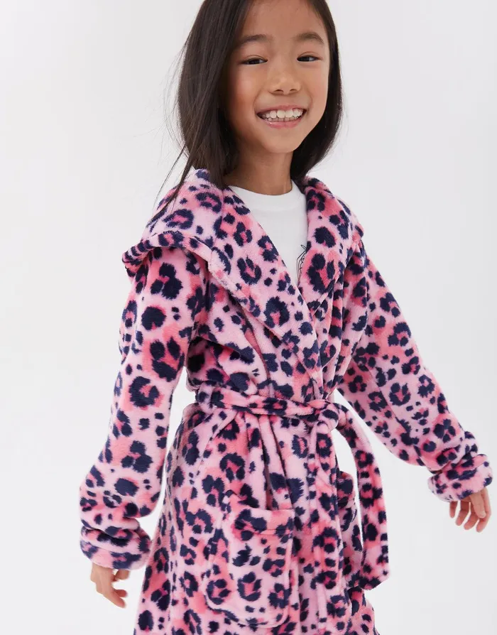 Girls Pink Leopard Print Plush Dressing Gown Pink Threadbare Loungewear Girls Pink Leopard Print Plush Dressing Gown Pink Threadbare Loungewear