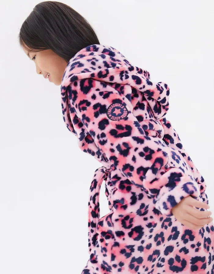 Girls Pink Leopard Print Plush Dressing Gown Pink Threadbare Loungewear Girls Pink Leopard Print Plush Dressing Gown Pink Threadbare Loungewear