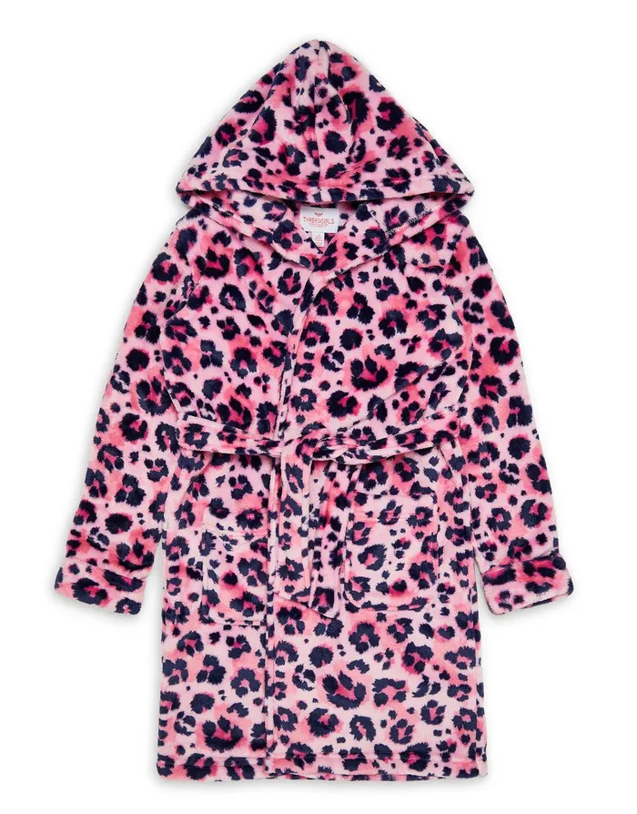 Girls Pink Leopard Print Plush Dressing Gown Pink Threadbare Loungewear Girls Pink Leopard Print Plush Dressing Gown Pink Threadbare Loungewear