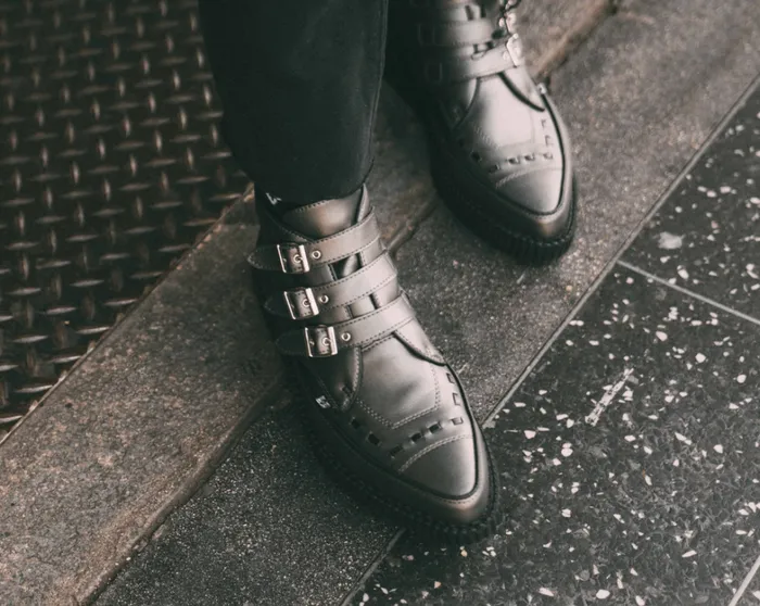 Gunmetal and Black Trim Pointed Buckle Boot Men TUK Shoes Boots